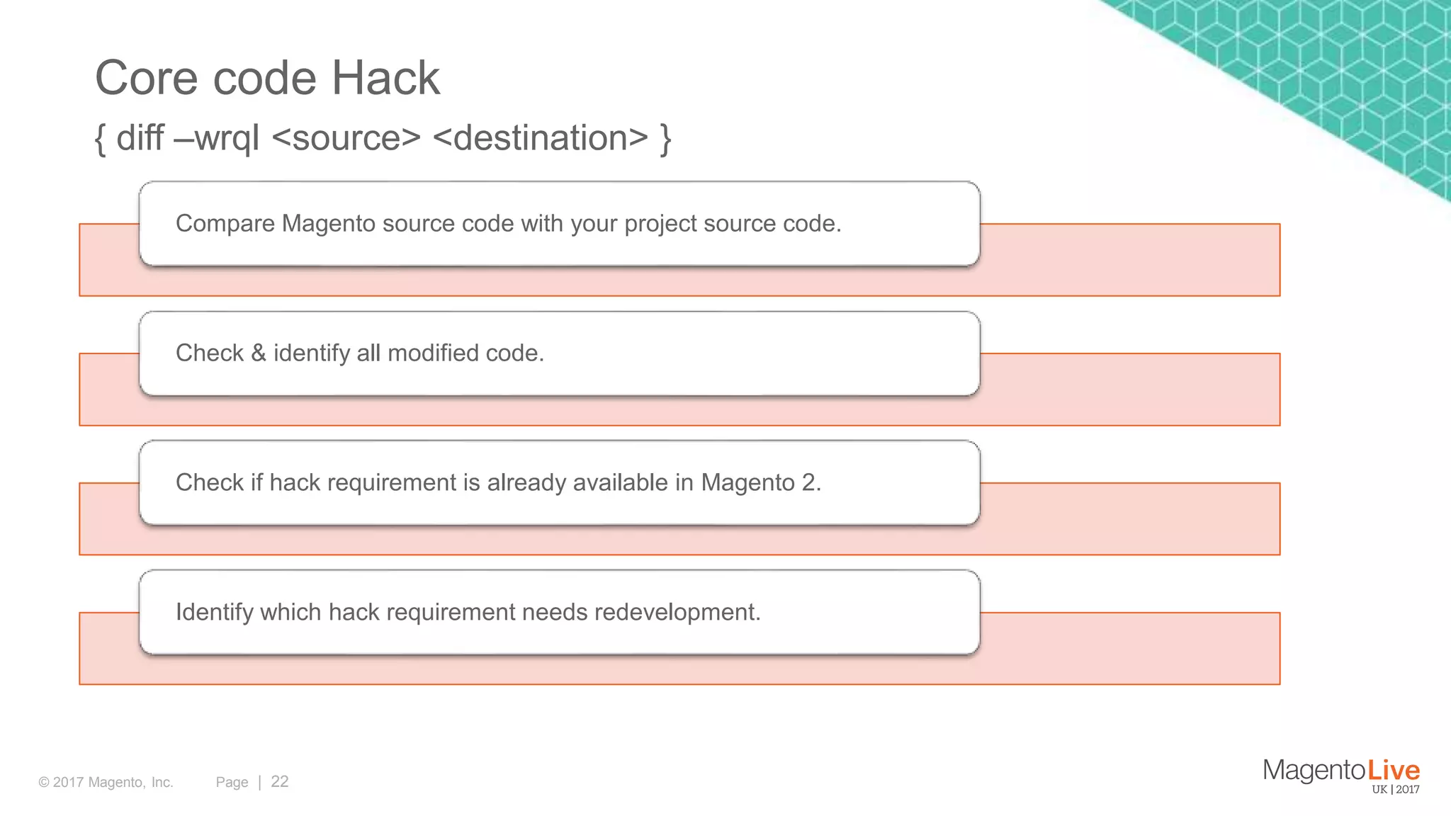 Page | 22© 2017 Magento, Inc.
{ diff –wrql <source> <destination> }
Core code Hack
Compare Magento source code with your project source code.
Check & identify all modified code.
Check if hack requirement is already available in Magento 2.
Identify which hack requirement needs redevelopment.
 