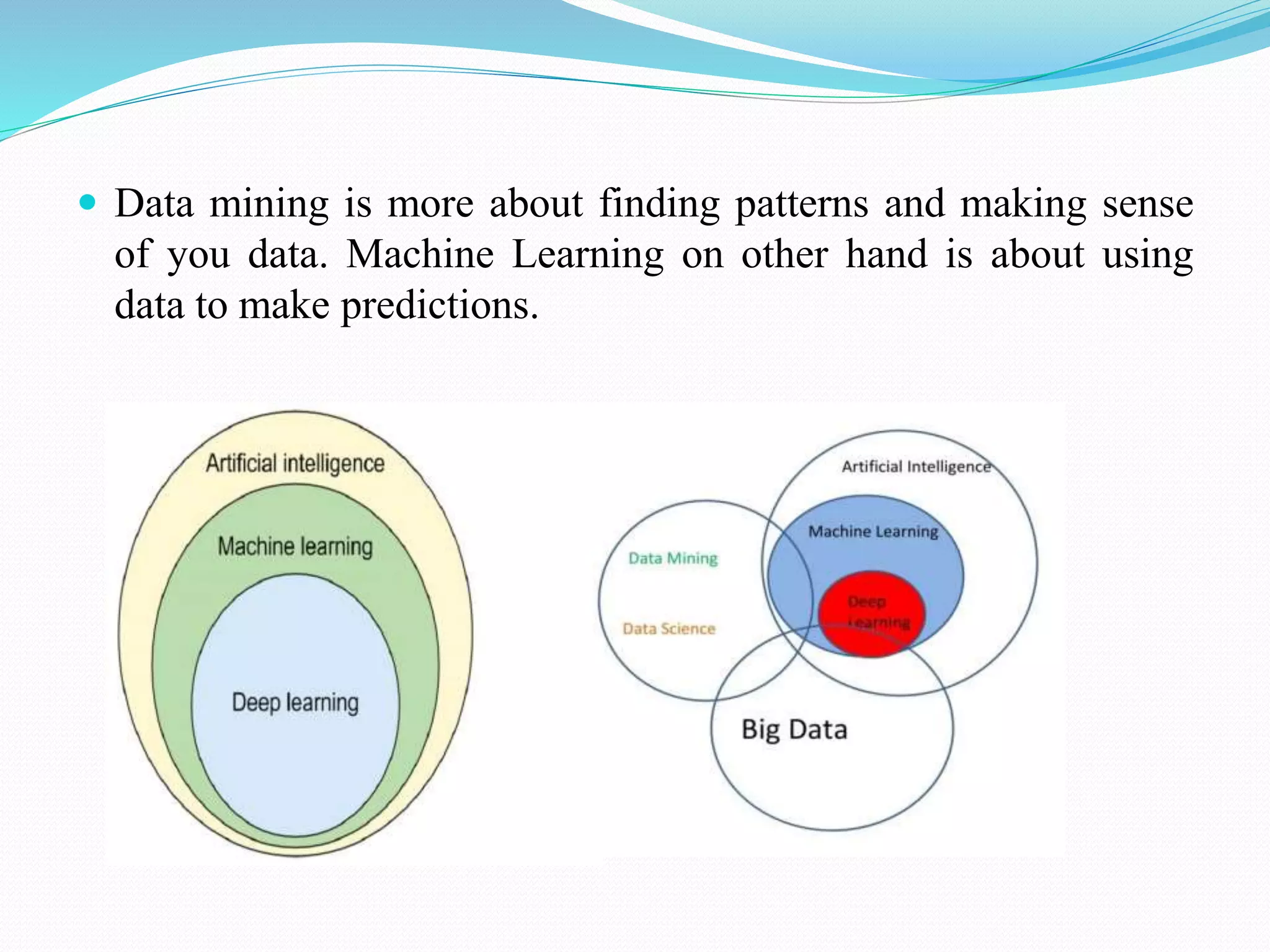  Data mining is more about finding patterns and making sense
of you data. Machine Learning on other hand is about using
data to make predictions.
 
