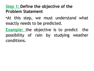 Step 1: Define the objective of the
Problem Statement
•At this step, we must understand what
exactly needs to be predicted.
Example: the objective is to predict the
possibility of rain by studying weather
conditions.
 