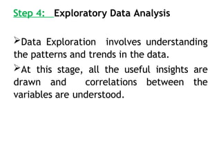 Step 4: Exploratory Data Analysis
Data Exploration involves understanding
the patterns and trends in the data.
At this stage, all the useful insights are
drawn and correlations between the
variables are understood.
 