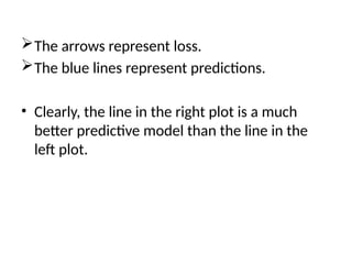 The arrows represent loss.
The blue lines represent predictions.
• Clearly, the line in the right plot is a much
better predictive model than the line in the
left plot.
 