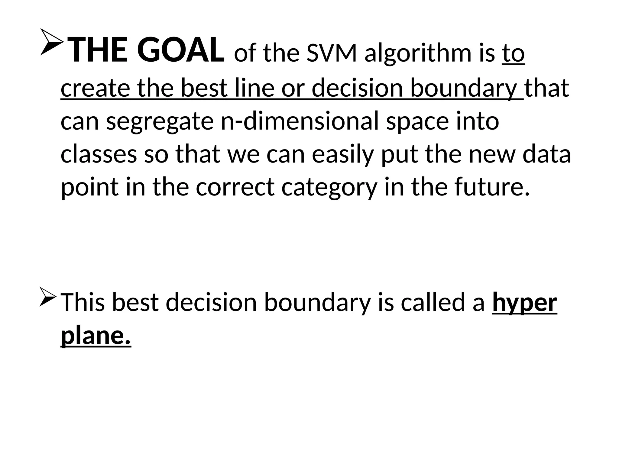 THE GOAL of the SVM algorithm is to
create the best line or decision boundary that
can segregate n-dimensional space into
classes so that we can easily put the new data
point in the correct category in the future.
This best decision boundary is called a hyper
plane.
 