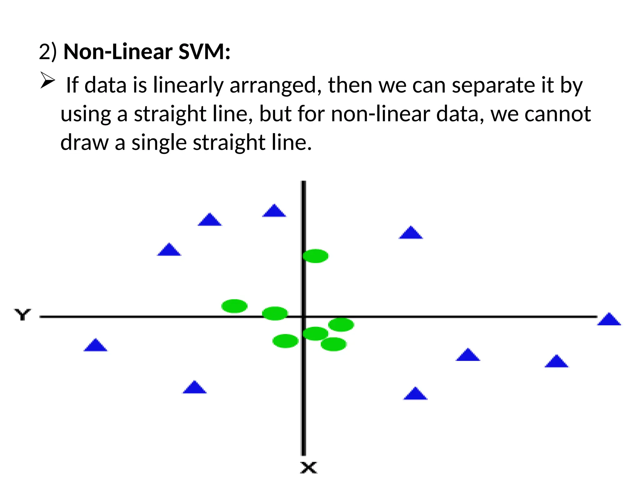 2) Non-Linear SVM:
 If data is linearly arranged, then we can separate it by
using a straight line, but for non-linear data, we cannot
draw a single straight line.
 