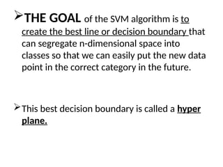 THE GOAL of the SVM algorithm is to
create the best line or decision boundary that
can segregate n-dimensional space into
classes so that we can easily put the new data
point in the correct category in the future.
This best decision boundary is called a hyper
plane.
 