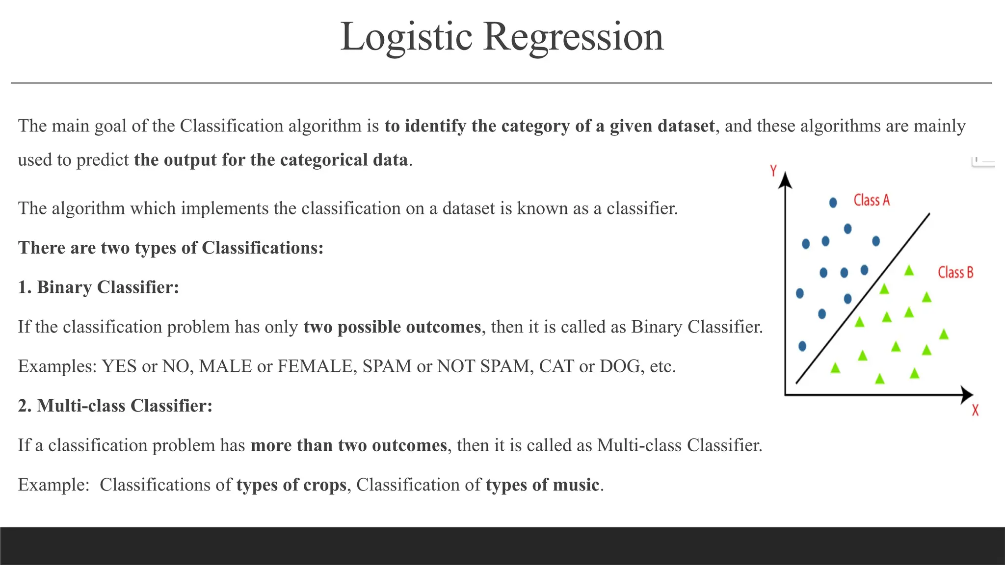 Logistic Regression
The main goal of the Classification algorithm is to identify the category of a given dataset, and these algorithms are mainly
used to predict the output for the categorical data.
The algorithm which implements the classification on a dataset is known as a classifier.
There are two types of Classifications:
1. Binary Classifier:
If the classification problem has only two possible outcomes, then it is called as Binary Classifier.
Examples: YES or NO, MALE or FEMALE, SPAM or NOT SPAM, CAT or DOG, etc.
2. Multi-class Classifier:
If a classification problem has more than two outcomes, then it is called as Multi-class Classifier.
Example: Classifications of types of crops, Classification of types of music.
 
