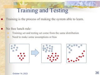 Training and Testing
 Training is the process of making the system able to learn.
 No free lunch rule:
 Training set and testing set come from the same distribution
 Need to make some assumptions or bias
October 14, 2023 36
 