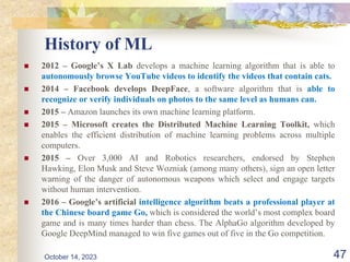 History of ML
 2012 – Google’s X Lab develops a machine learning algorithm that is able to
autonomously browse YouTube videos to identify the videos that contain cats.
 2014 – Facebook develops DeepFace, a software algorithm that is able to
recognize or verify individuals on photos to the same level as humans can.
 2015 – Amazon launches its own machine learning platform.
 2015 – Microsoft creates the Distributed Machine Learning Toolkit, which
enables the efficient distribution of machine learning problems across multiple
computers.
 2015 – Over 3,000 AI and Robotics researchers, endorsed by Stephen
Hawking, Elon Musk and Steve Wozniak (among many others), sign an open letter
warning of the danger of autonomous weapons which select and engage targets
without human intervention.
 2016 – Google’s artificial intelligence algorithm beats a professional player at
the Chinese board game Go, which is considered the world’s most complex board
game and is many times harder than chess. The AlphaGo algorithm developed by
Google DeepMind managed to win five games out of five in the Go competition.
47
October 14, 2023
 