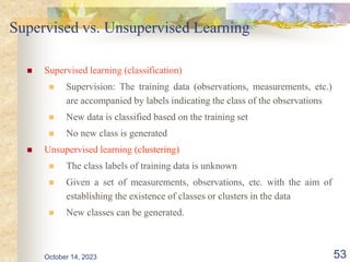Supervised vs. Unsupervised Learning
 Supervised learning (classification)
 Supervision: The training data (observations, measurements, etc.)
are accompanied by labels indicating the class of the observations
 New data is classified based on the training set
 No new class is generated
 Unsupervised learning (clustering)
 The class labels of training data is unknown
 Given a set of measurements, observations, etc. with the aim of
establishing the existence of classes or clusters in the data
 New classes can be generated.
October 14, 2023 53
 