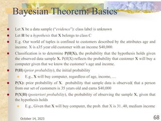 October 14, 2023 68
Bayesian Theorem: Basics
 Let X be a data sample (“evidence”): class label is unknown
 Let H be a hypothesis that X belongs to class C
 E.g. Our world of tuples is confined to customers described by the attributes age and
income. X is a35 year old customer with an income $40,000.
 Classification is to determine P(H|X), the probability that the hypothesis holds given
the observed data sample X. P(H|X) reflects the probability that customer X will buy a
computer given that we know the customer’s age and income.
 P(H) (prior probability), the initial probability
 E.g., X will buy computer, regardless of age, income, …
 P(X): prior probability of X. probability that sample data is observed( that a person
from our set of customers is 35 years old and earns $40,000
 P(X|H) (posteriori probability), the probability of observing the sample X, given that
the hypothesis holds
 E.g., Given that X will buy computer, the prob. that X is 31..40, medium income
 