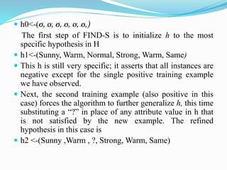  h0<-(0, 0, 0, 0, 0, 0,)
The first step of FIND-S is to initialize h to the most
specific hypothesis in H
 h1<-(Sunny, Warm, Normal, Strong, Warm, Same)
 This h is still very specific; it asserts that all instances are
negative except for the single positive training example
we have observed.
 Next, the second training example (also positive in this
case) forces the algorithm to further generalize h, this time
substituting a “?” in place of any attribute value in h that
is not satisfied by the new example. The refined
hypothesis in this case is
 h2 <-(Sunny ,Warm , ?, Strong, Warm, Same)
 