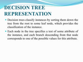 DECISION TREE
REPRESENTATION
 Decision trees classify instances by sorting them down the
tree from the root to some leaf node, which provides the
classification of the instance.
 Each node in the tree specifies a test of some attribute of
the instance, and each branch descending from that node
corresponds to one of the possible values for this attribute.
 