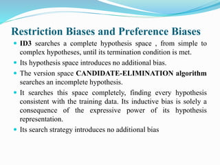 Restriction Biases and Preference Biases
 ID3 searches a complete hypothesis space , from simple to
complex hypotheses, until its termination condition is met.
 Its hypothesis space introduces no additional bias.
 The version space CANDIDATE-ELIMINATION algorithm
searches an incomplete hypothesis.
 It searches this space completely, finding every hypothesis
consistent with the training data. Its inductive bias is solely a
consequence of the expressive power of its hypothesis
representation.
 Its search strategy introduces no additional bias
 