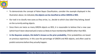 • To demonstrate the concept of Naïve Bayes Classification, consider the example displayed in the
illustration above. As indicated, the objects can be classified as either GREEN or RED.
• Our task is to classify new cases as they arrive, i.e., decide to which class label they belong, based
on the currently exiting objects.
• Since there are twice as many GREEN objects as RED, it is reasonable to believe that a new case
(which hasn't been observed yet) is twice as likely to have membership GREEN rather than RED.
• In the Bayesian analysis, this belief is known as the prior probability. Prior probabilities are based
on previous experience, in this case the percentage of GREEN and RED objects, and often used to
predict outcomes before they actually happen.
Dr.B. J. Dange, Dept. of Computer Engineering, Sanjivani CoE, Kopargaon
 