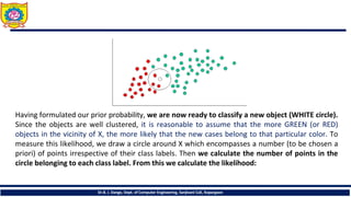 Having formulated our prior probability, we are now ready to classify a new object (WHITE circle).
Since the objects are well clustered, it is reasonable to assume that the more GREEN (or RED)
objects in the vicinity of X, the more likely that the new cases belong to that particular color. To
measure this likelihood, we draw a circle around X which encompasses a number (to be chosen a
priori) of points irrespective of their class labels. Then we calculate the number of points in the
circle belonging to each class label. From this we calculate the likelihood:
Dr.B. J. Dange, Dept. of Computer Engineering, Sanjivani CoE, Kopargaon
 