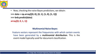 • Now, checking the naive Bayes predictions, we obtain:
>>> data = np.array([[0, 0], [0, 1], [1, 0], [1, 1]])
>>> bnb.predict(data)
array([0, 0, 1, 1])
Multinomial Naive Bayes:
Feature vectors represent the frequencies with which certain events
have been generated by a multinomial distribution. This is the
event model typically used for document classification.
Dr.B. J. Dange, Dept. of Computer Engineering, Sanjivani CoE, Kopargaon
 