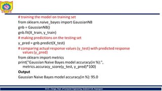 # training the model on training set
from sklearn.naive_bayes import GaussianNB
gnb = GaussianNB()
gnb.fit(X_train, y_train)
# making predictions on the testing set
y_pred = gnb.predict(X_test)
# comparing actual response values (y_test) with predicted response
values (y_pred)
from sklearn import metrics
print("Gaussian Naive Bayes model accuracy(in %):",
metrics.accuracy_score(y_test, y_pred)*100)
Output
Gaussian Naive Bayes model accuracy(in %): 95.0
Dr.B. J. Dange, Dept. of Computer Engineering, Sanjivani CoE, Kopargaon
 
