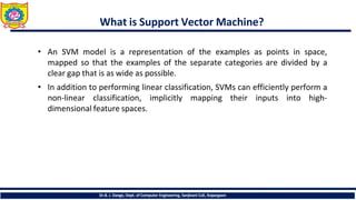 What is Support Vector Machine?
Dr.B. J. Dange, Dept. of Computer Engineering, Sanjivani CoE, Kopargaon
• An SVM model is a representation of the examples as points in space,
mapped so that the examples of the separate categories are divided by a
clear gap that is as wide as possible.
• In addition to performing linear classification, SVMs can efficiently perform a
non-linear classification, implicitly mapping their inputs into high-
dimensional feature spaces.
 