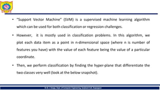 • “Support Vector Machine” (SVM) is a supervised machine learning algorithm
which can be used for both classification or regression challenges.
• However, it is mostly used in classification problems. In this algorithm, we
plot each data item as a point in n-dimensional space (where n is number of
features you have) with the value of each feature being the value of a particular
coordinate.
• Then, we perform classification by finding the hyper-plane that differentiate the
two classes very well (look at the below snapshot).
Dr.B. J. Dange, Dept. of Computer Engineering, Sanjivani CoE, Kopargaon
 