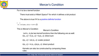 For k to be a kernel function
There must exist a Hilbert Space F for which k defines a dot product
The above is true if K is a positive definite function
∫ ∫
d x d zf (x)k(x, z)f (z) > 0 (∀f ∈ L2)
Dr.B. J. Dange, Dept. of Computer Engineering, Sanjivani CoE, Kopargaon
This is Mercer’s Condition
Let k1, k2 be two kernel functions then the following are as well:
k(x, z) = k1(x, z) + k2(x, z): direct sum
k(x, z) = αk1(x, z): scalar product
k(x, z) = k1(x, z)k2(x, z): direct product
Kernels can also be constructed by composing these
rules
Mercer’s Condition
Mercer’s Condition
 