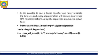 • As it's possible to see, a linear classifier can never separate
the two sets and every approximation will contain on average
50% misclassifications. A logistic regression example is shown
here:
• from sklearn.linear_model import LogisticRegression
>>> lr = LogisticRegression()
>>> cross_val_score(lr, X, Y, scoring='accuracy', cv=10).mean()
0.438
Dr.B. J. Dange, Dept. of Computer Engineering, Sanjivani CoE, Kopargaon
 