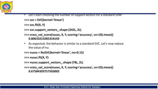 • Let's start checking the number of support vectors for a standard SVM:
>>> svc = SVC(kernel='linear')
>>> svc.fit(X, Y)
>>> svc.support_vectors_.shape (242L, 2L)
>>> cross_val_score(nusvc, X, Y,scoring='accuracy', cv=10).mean()
0.80633213285314143
• As expected, the behavior is similar to a standard SVC. Let's now reduce
the value of nu:
>>> nusvc = NuSVC(kernel='linear', nu=0.15)
>>> nusvc.fit(X, Y)
>>> nusvc.support_vectors_.shape (78L, 2L)
>>> cross_val_score(nusvc, X, Y,scoring='accuracy', cv=10).mean()
0.67584393757503003
Dr.B. J. Dange, Dept. of Computer Engineering, Sanjivani CoE, Kopargaon
 
