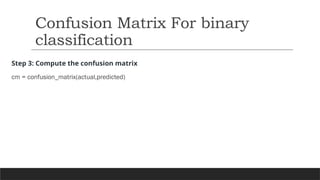 Step 3: Compute the confusion matrix
cm = confusion_matrix(actual,predicted)
Confusion Matrix For binary
classification
 