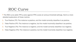  The ROC curve plots TPR (y-axis) against FPR (x-axis) at various threshold settings. Here's a more
detailed explanation of these metrics:
1. True Positive (TP): The instance is positive, and the model correctly classifies it as positive.
2. False Positive (FP): The instance is negative, but the model incorrectly classifies it as positive.
3. True Negative (TN): The instance is negative, and the model correctly classifies it as negative.
4. False Negative (FN): The instance is positive, but the model incorrectly classifies it as negative.
ROC Curve
 