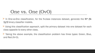  In One-vs-One classification, for the N-class instances dataset, generate the N* (N-
1)/2 binary classifier models.
 Using this classification approach, split the primary dataset into one dataset for each
class opposite to every other class.
 Taking the above example, the classification problem has three types: Green, Blue,
and Red (N=3).
One vs. One (OvO)
 