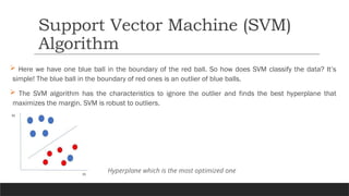  Here we have one blue ball in the boundary of the red ball. So how does SVM classify the data? It’s
simple! The blue ball in the boundary of red ones is an outlier of blue balls.
 The SVM algorithm has the characteristics to ignore the outlier and finds the best hyperplane that
maximizes the margin. SVM is robust to outliers.
Support Vector Machine (SVM)
Algorithm
Hyperplane which is the most optimized one
 