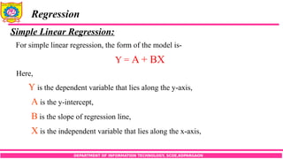 DEPARTMENT OF INFORMATION TECHNOLOGY, SCOE,KOPARGAON
Regression
Simple Linear Regression:
For simple linear regression, the form of the model is-
Y = A + BX
Here,
Y is the dependent variable that lies along the y-axis,
A is the y-intercept,
B is the slope of regression line,
X is the independent variable that lies along the x-axis,
 