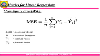 DEPARTMENT OF INFORMATION TECHNOLOGY, SCOE,KOPARGAON
ation Metrics for Linear Regression:
Mean Square Error(MSE):
 