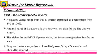 DEPARTMENT OF INFORMATION TECHNOLOGY, SCOE,KOPARGAON
ation Metrics for Linear Regression:
R Squared (R2):
What is the significance of R squared
 R-squared values range from 0 to 1, usually expressed as a percentage from
0% to 100%.
 And this value of R square tells you how well the data fits the line you’ve
drawn.
 The higher the model’s R-Squared value, the better the regression line fits the
data.
 R-squared values very close to 1 are likely overfitting of the model and
should be avoided.
 