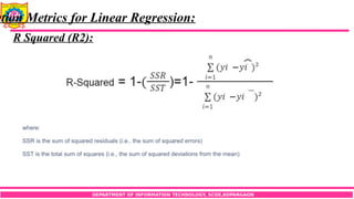 DEPARTMENT OF INFORMATION TECHNOLOGY, SCOE,KOPARGAON
ation Metrics for Linear Regression:
R Squared (R2):
 