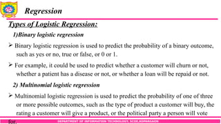 DEPARTMENT OF INFORMATION TECHNOLOGY, SCOE,KOPARGAON
Regression
Types of Logistic Regression:
1)Binary logistic regression
 Binary logistic regression is used to predict the probability of a binary outcome,
such as yes or no, true or false, or 0 or 1.
 For example, it could be used to predict whether a customer will churn or not,
whether a patient has a disease or not, or whether a loan will be repaid or not.
2) Multinomial logistic regression
 Multinomial logistic regression is used to predict the probability of one of three
or more possible outcomes, such as the type of product a customer will buy, the
rating a customer will give a product, or the political party a person will vote
for.
 