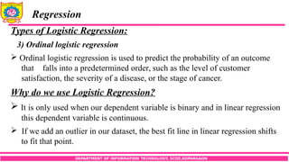 DEPARTMENT OF INFORMATION TECHNOLOGY, SCOE,KOPARGAON
Regression
Types of Logistic Regression:
3) Ordinal logistic regression
 Ordinal logistic regression is used to predict the probability of an outcome
that falls into a predetermined order, such as the level of customer
satisfaction, the severity of a disease, or the stage of cancer.
Why do we use Logistic Regression?
 It is only used when our dependent variable is binary and in linear regression
this dependent variable is continuous.
 If we add an outlier in our dataset, the best fit line in linear regression shifts
to fit that point.
 