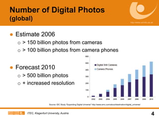 ITEC, Klagenfurt University, AustriaNumber of Digital Photos(global)Estimate 2006> 150 billion photos from cameras> 100 billion photos from camera phonesForecast 2010> 500 billion photos+ increased resolutionSource: IDC Study “Expanding Digital Universe” http://www.emc.com/about/destination/digital_universe/