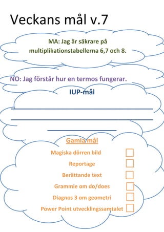 Veckans mål v.7
MA: Jag är säkrare på
multiplikationstabellerna 6,7 och 8.
NO: Jag förstår hur en termos fungerar.
IUP-mål
_____________________________________
_____________________________________
__________________
Gamla mål
Magiska dörren bild
Reportage
Berättande text
Grammie om do/does
Diagnos 3 om geometri
Power Point utvecklingssamtalet
 