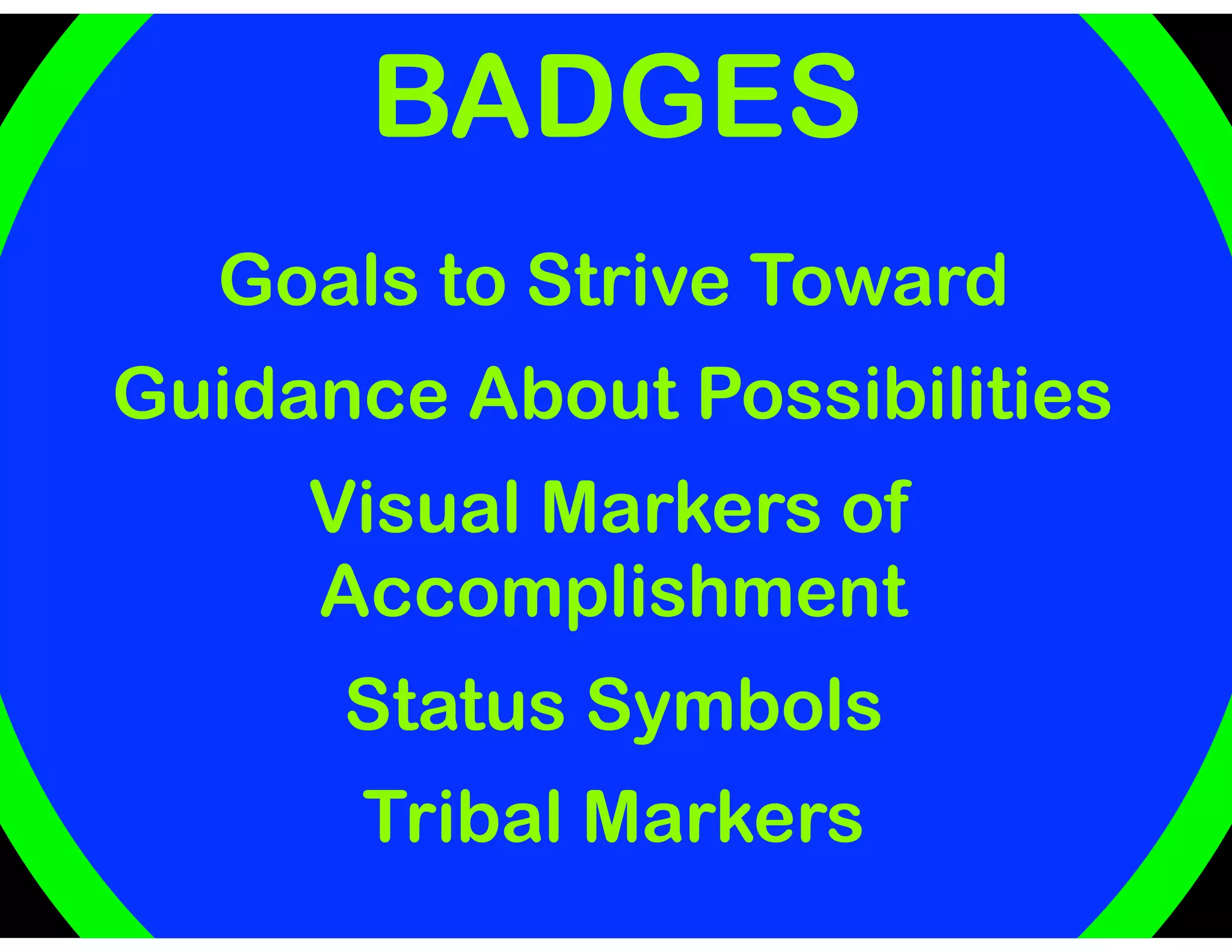 BADGES
Goals to Strive Toward
Guidance About Possibilities
Visual Markers of
Accomplishment
Status Symbols
Tribal Markers
 