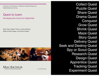 Collect Quest
Puzzle Quest
Share Quest
Drama Quest
Conquest
Grow Quest
Shrink Quest
Maze Quest
Story Quest
Delivery Quest
Seek and Destroy Quest
Spy or Scout Quest
Research Quest
Design Quest
Apprentice Quest
Tracking Quest
Experiment Quest
 