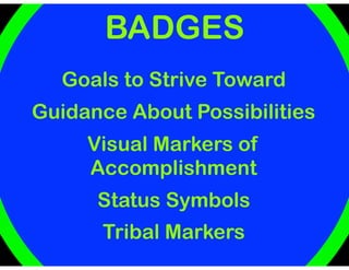 BADGES
Goals to Strive Toward
Guidance About Possibilities
Visual Markers of
Accomplishment
Status Symbols
Tribal Markers
 