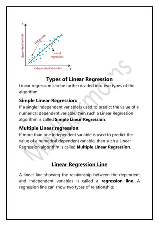 Types of Linear Regression
Linear regression can be further divided into two types of the
algorithm:
Simple Linear Regression:
If a single independent variable is used to predict the value of a
numerical dependent variable, then such a Linear Regression
algorithm is called Simple Linear Regression.
Multiple Linear regression:
If more than one independent variable is used to predict the
value of a numerical dependent variable, then such a Linear
Regression algorithm is called Multiple Linear Regression.
Linear Regression Line
A linear line showing the relationship between the dependent
and independent variables is called a regression line. A
regression line can show two types of relationship:
 