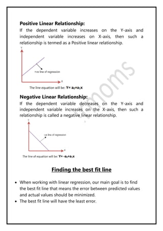 Positive Linear Relationship:
If the dependent variable increases on the Y-axis and
independent variable increases on X-axis, then such a
relationship is termed as a Positive linear relationship.
Negative Linear Relationship:
If the dependent variable decreases on the Y-axis and
independent variable increases on the X-axis, then such a
relationship is called a negative linear relationship.
Finding the best fit line
 When working with linear regression, our main goal is to find
the best fit line that means the error between predicted values
and actual values should be minimized.
 The best fit line will have the least error.
 