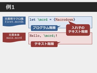 文書本体
main.mcrd
文書用マクロ集
first.mcrdh
例1
Hello, mcrd;!
let mcrd = {Macrodown}Macrodown
プログラム階層
テキスト階層
入れ子の
テキスト階層
 