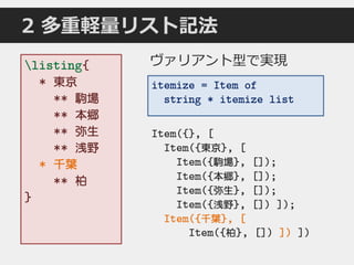 2 多重軽量リスト記法
listing{
* 東京
** 駒場
** 本郷
** 弥生
** 浅野
* 千葉
** 柏
}
ヴァリアント型で実現
Item({}, [
Item({東京}, [
Item({駒場}, []);
Item({本郷}, []);
Item({弥生}, []);
Item({浅野}, []) ]);
Item({千葉}, [
Item({柏}, []) ]) ])
itemize = Item of
string * itemize list
 