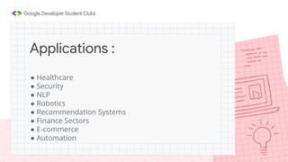 ● Healthcare
● Security
● NLP
● Robotics
● Recommendation Systems
● Finance Sectors
● E-commerce
● Automation
Applications :
 