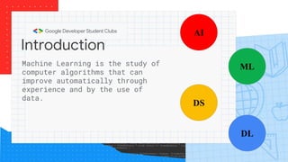 Introduction
Machine Learning is the study of
computer algorithms that can
improve automatically through
experience and by the use of
data.
AI
ML
DS
DL
 