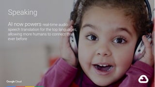 Confidential & ProprietaryGoogle Cloud Platform 23
Speaking
AI now powers real-time audio
speech translation for the top languages,
allowing more humans to connect than
ever before
 
