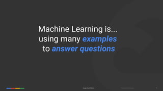 Confidential & ProprietaryGoogle Cloud Platform 7
Machine Learning is...
using many examples
to answer questions
 