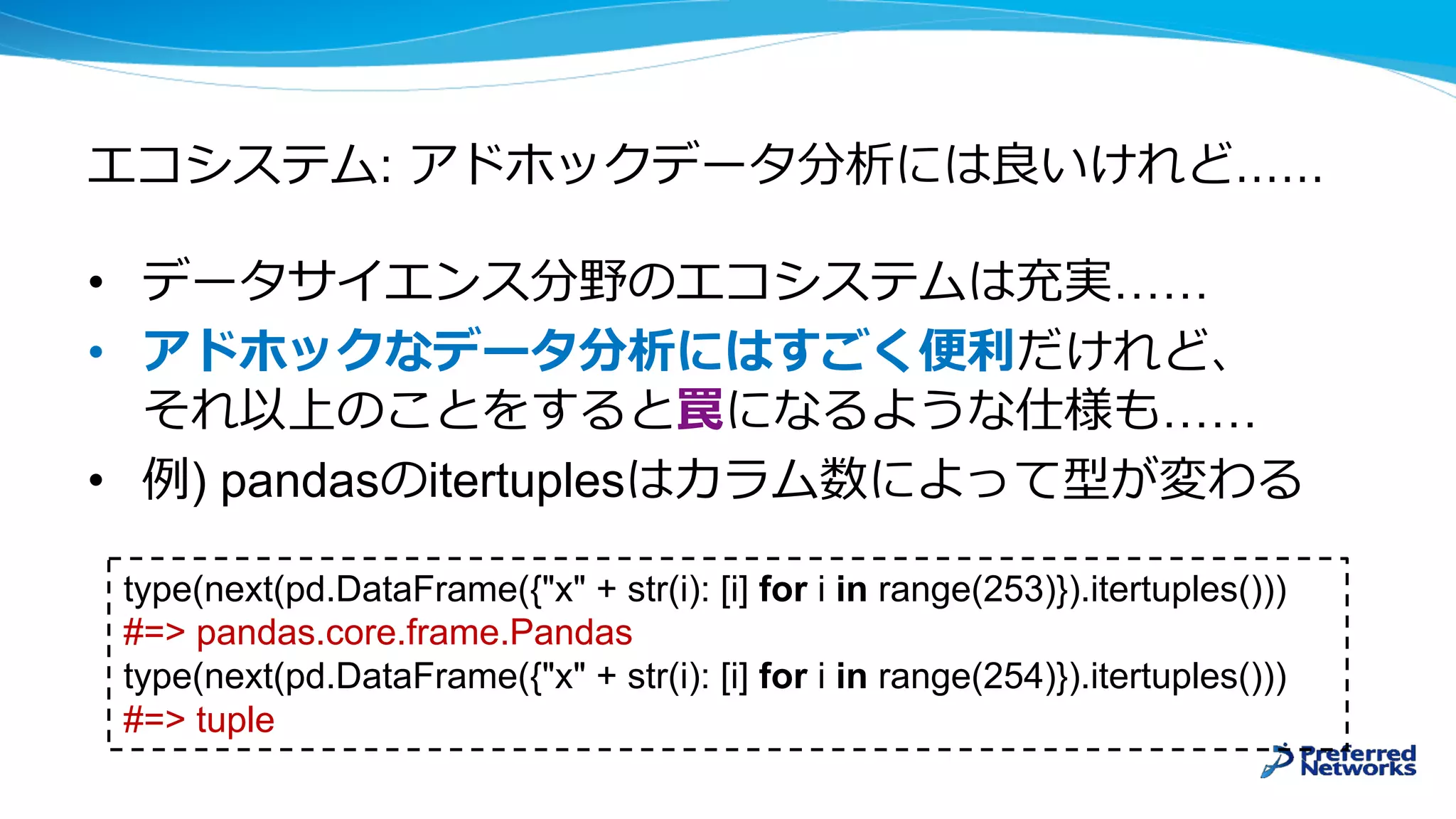 : ……
• ……
•
……
• ) pandas itertuples
type(next(pd.DataFrame({"x" + str(i): [i] for i in range(253)}).itertuples()))
#=> pandas.core.frame.Pandas
type(next(pd.DataFrame({"x" + str(i): [i] for i in range(254)}).itertuples()))
#=> tuple
 