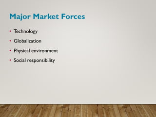 Major Market Forces
• Technology
• Globalization
• Physical environment
• Social responsibility
 